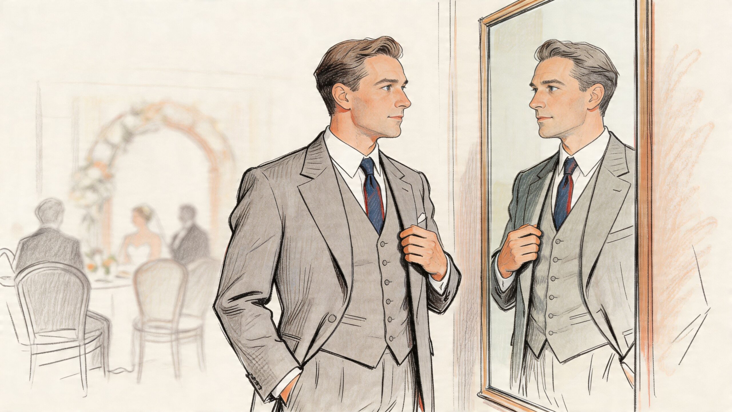 A man in a sharp grey three-piece suit looks at his reflection in a wall mirror.