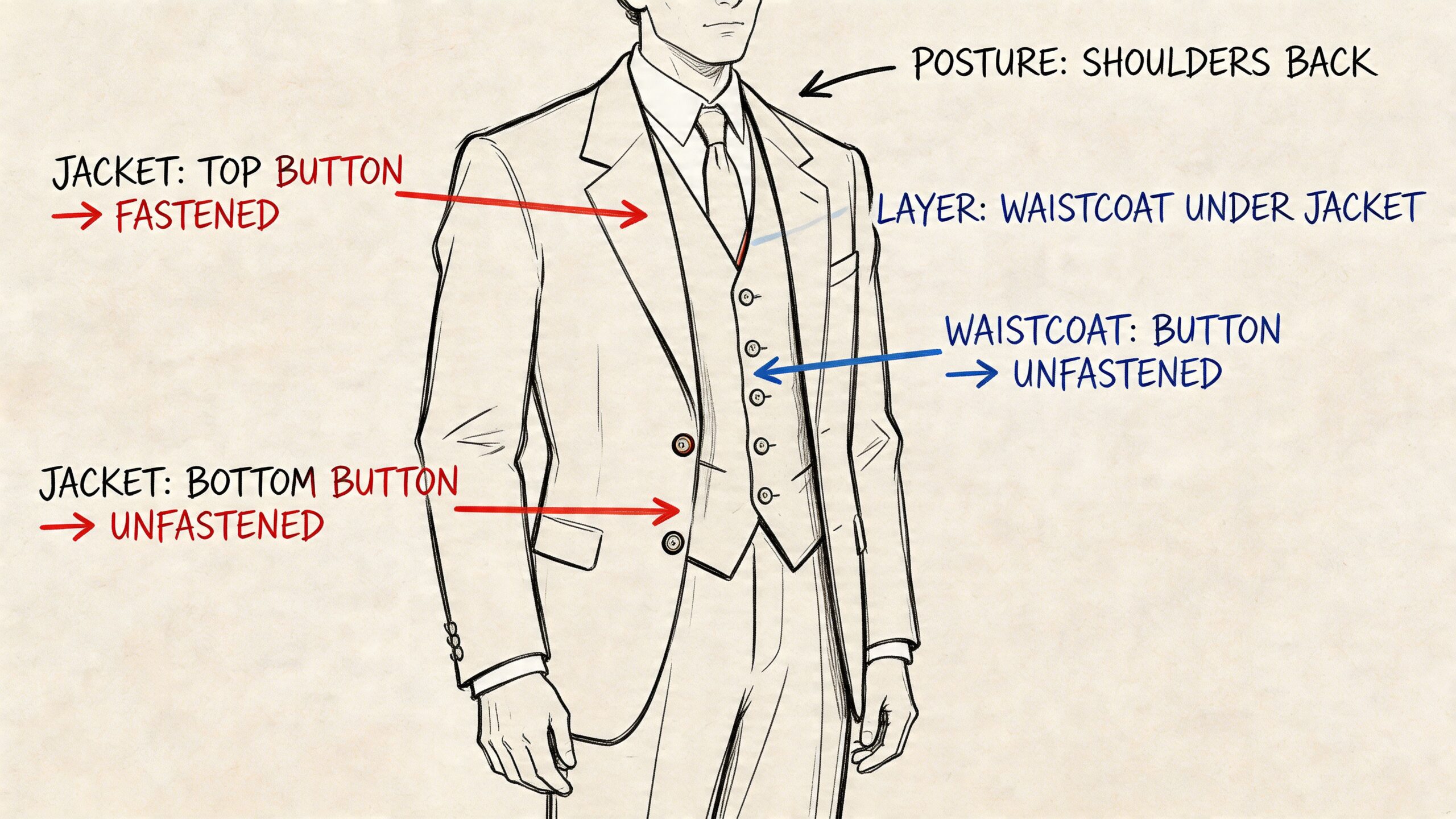 A diagram illustrating the proper way to wear a three-piece suit with posture and buttoning instructions.