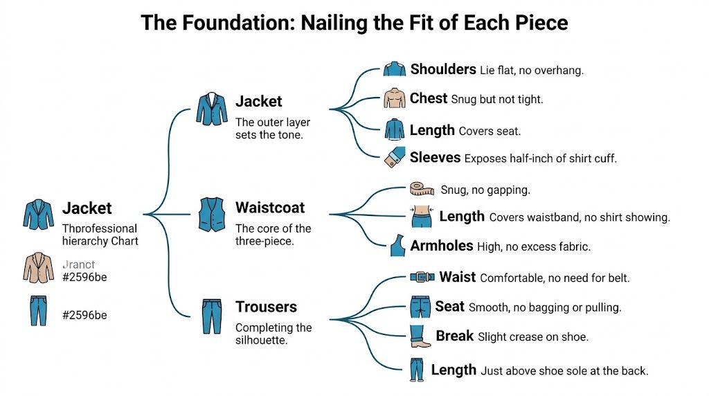 A professional infographic illustrating the proper fit for a three-piece suit, detailing jacket, waistcoat, and trouser requirements.