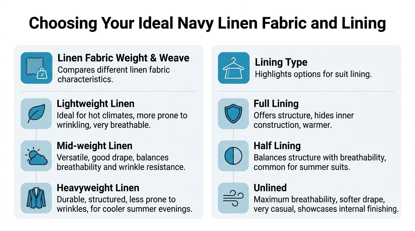 An infographic titled Choosing Your Ideal Navy Linen Fabric and Lining comparing linen fabric weights and suit lining types.