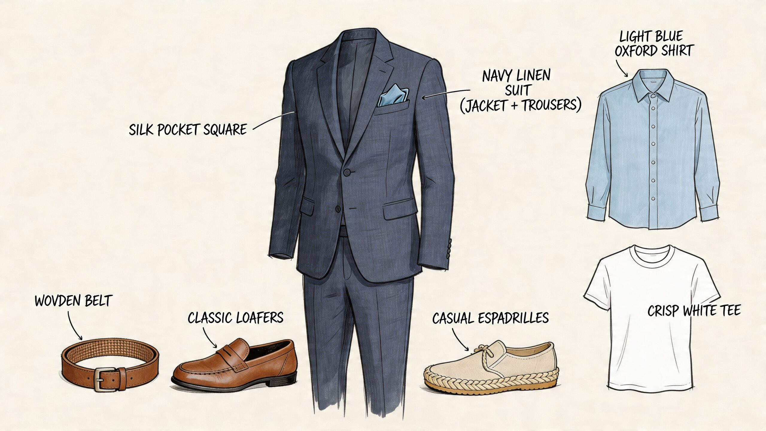A hand-drawn illustration showing a men's navy linen suit paired with a shirt, t-shirt, and accessories.