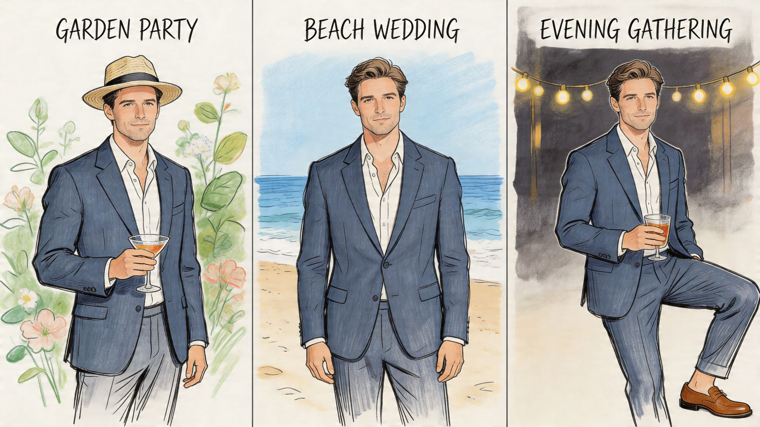 A fashion illustration of a man wearing a navy linen suit styled for three different social occasions.