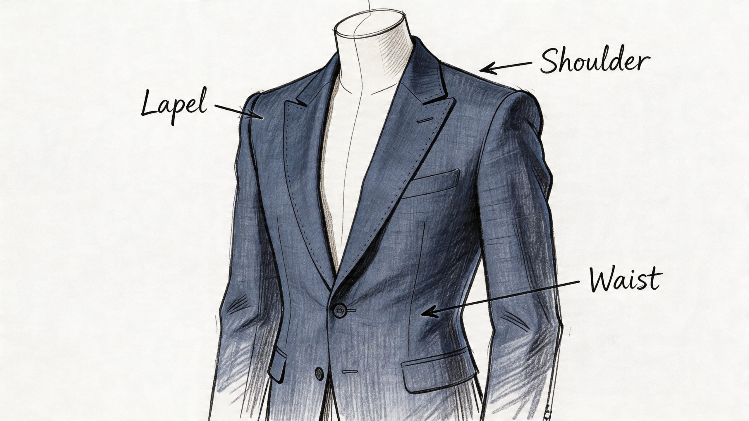 A detailed fashion illustration showing the key structural components of a classic navy blue linen suit jacket.