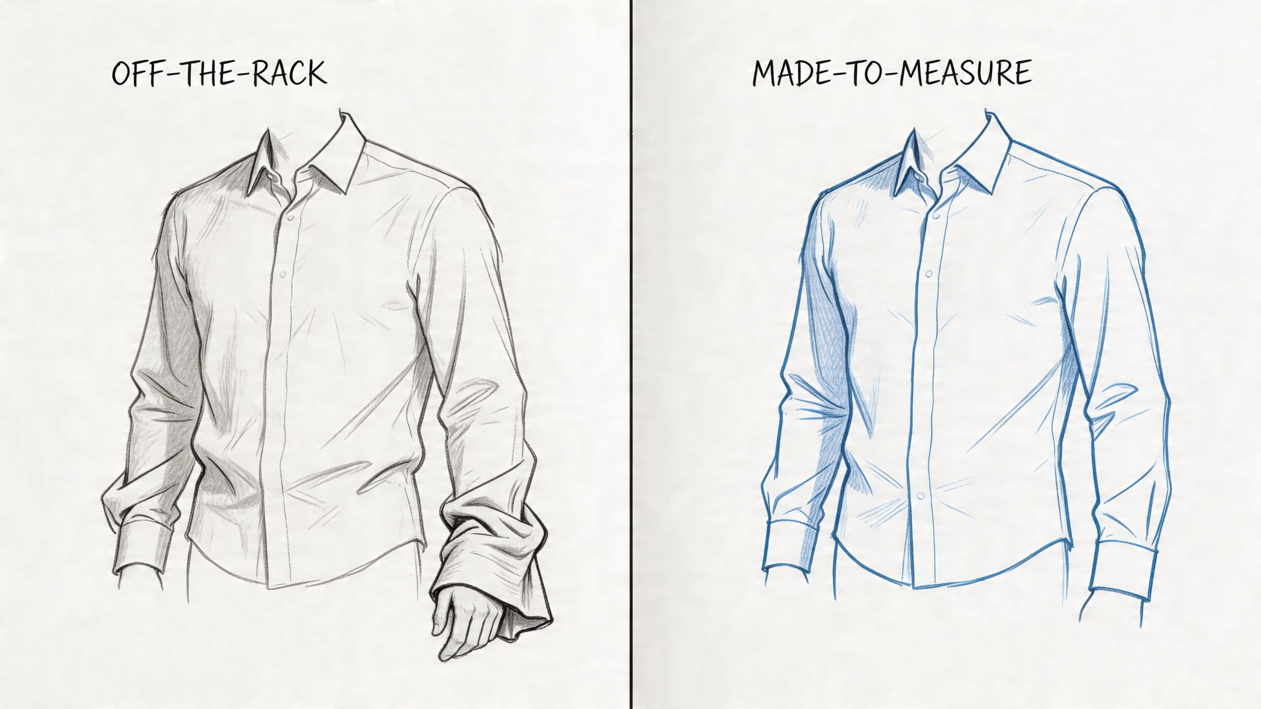 A comparison illustration showing an ill-fitting off-the-rack shirt versus a well-fitted made-to-measure shirt.
