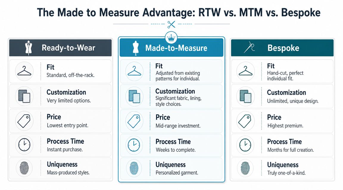 A comparison chart showing the differences between Ready-to-Wear, Made-to-Measure, and Bespoke clothing regarding fit, customization, price, and time.
