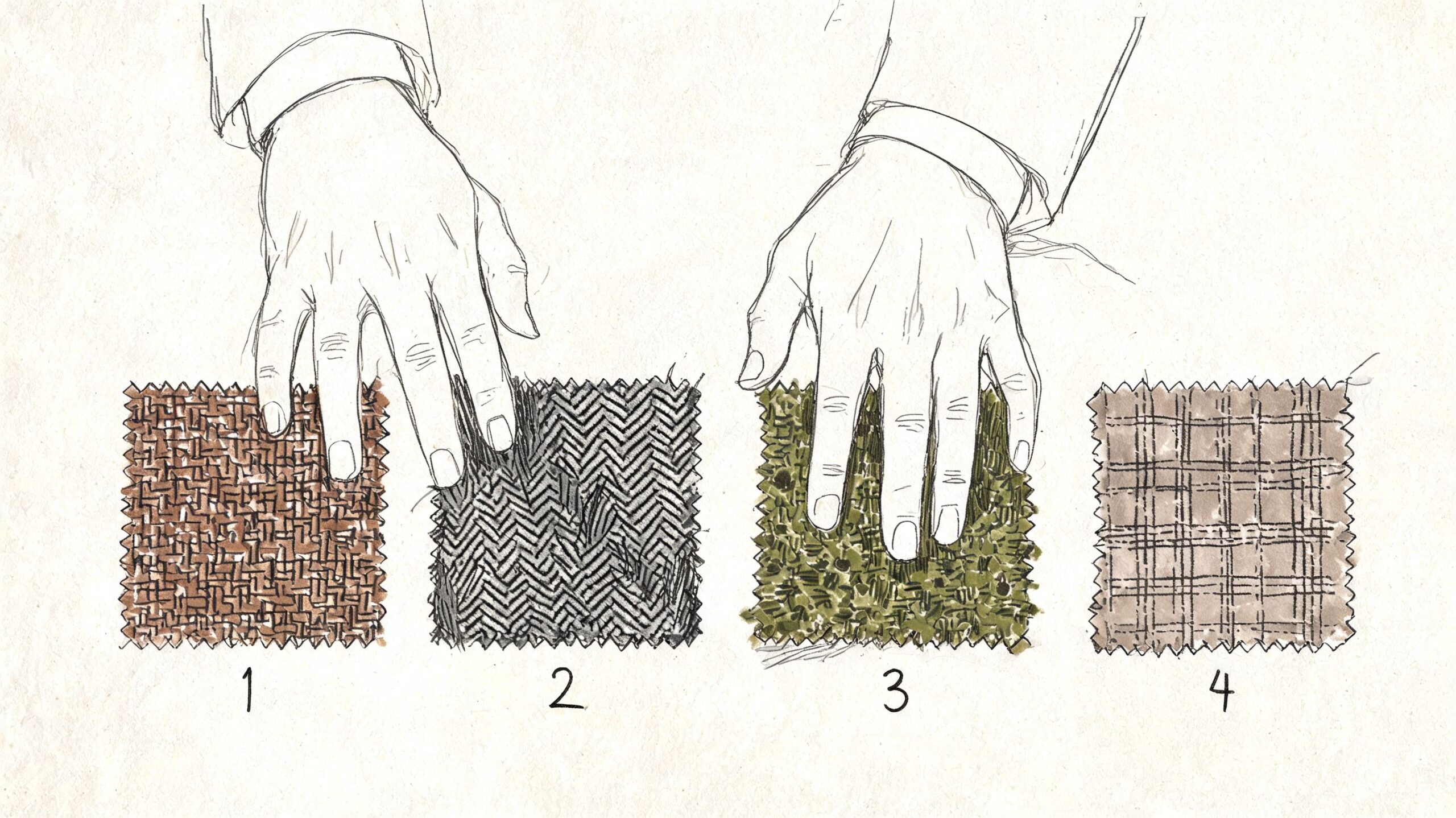 A hand selecting from four different fabric swatches including herringbone, tweed, and plaid patterns for jackets.