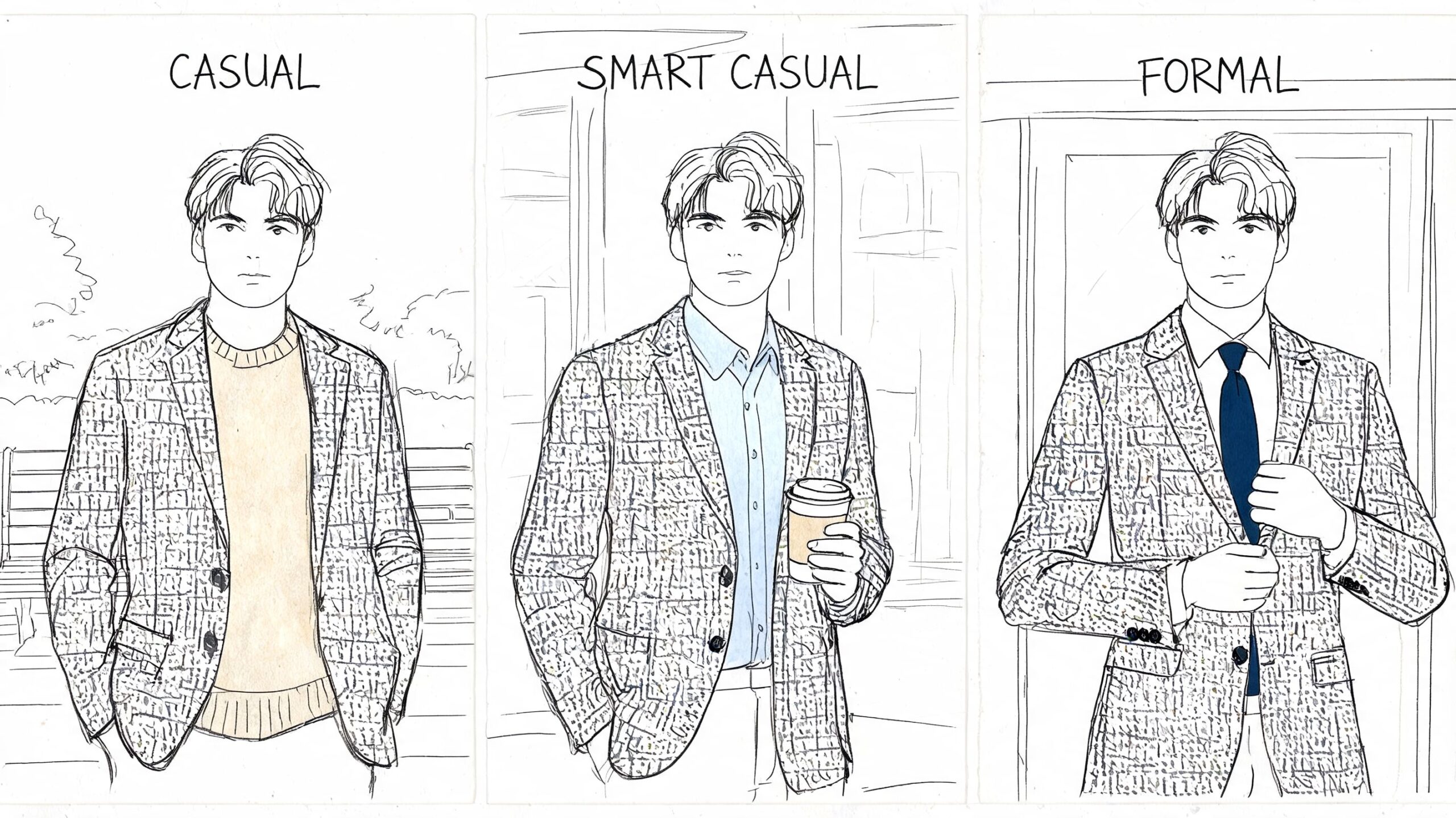 A fashion illustration comparing casual, smart casual, and formal styles for men wearing tweed jackets.