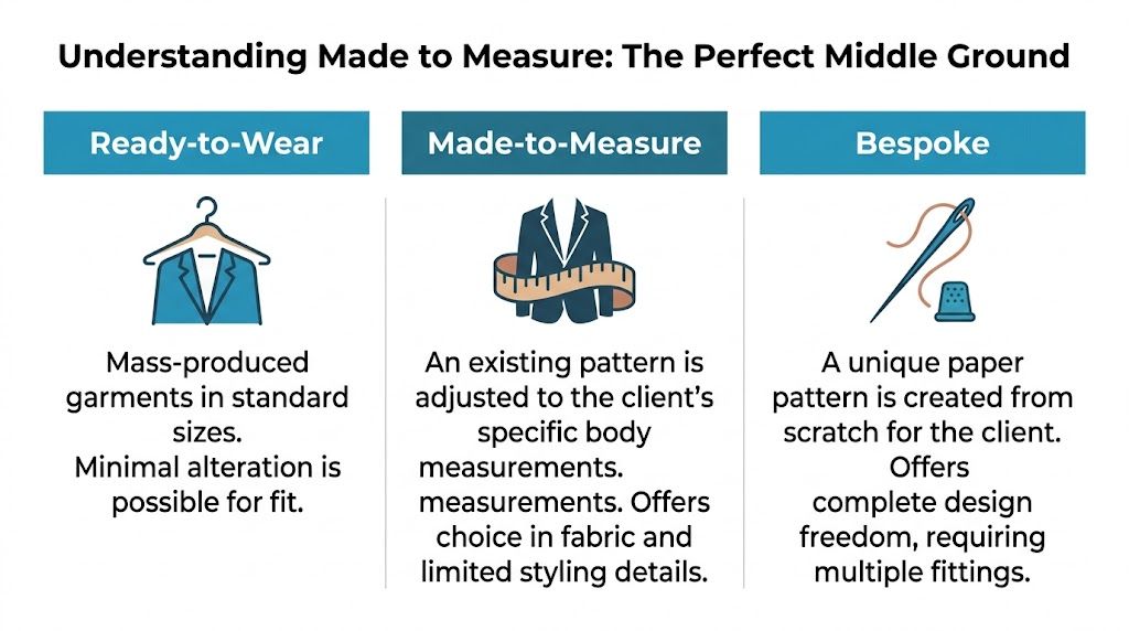 A comparison chart explaining the differences between ready-to-wear, made-to-measure, and bespoke clothing manufacturing processes.