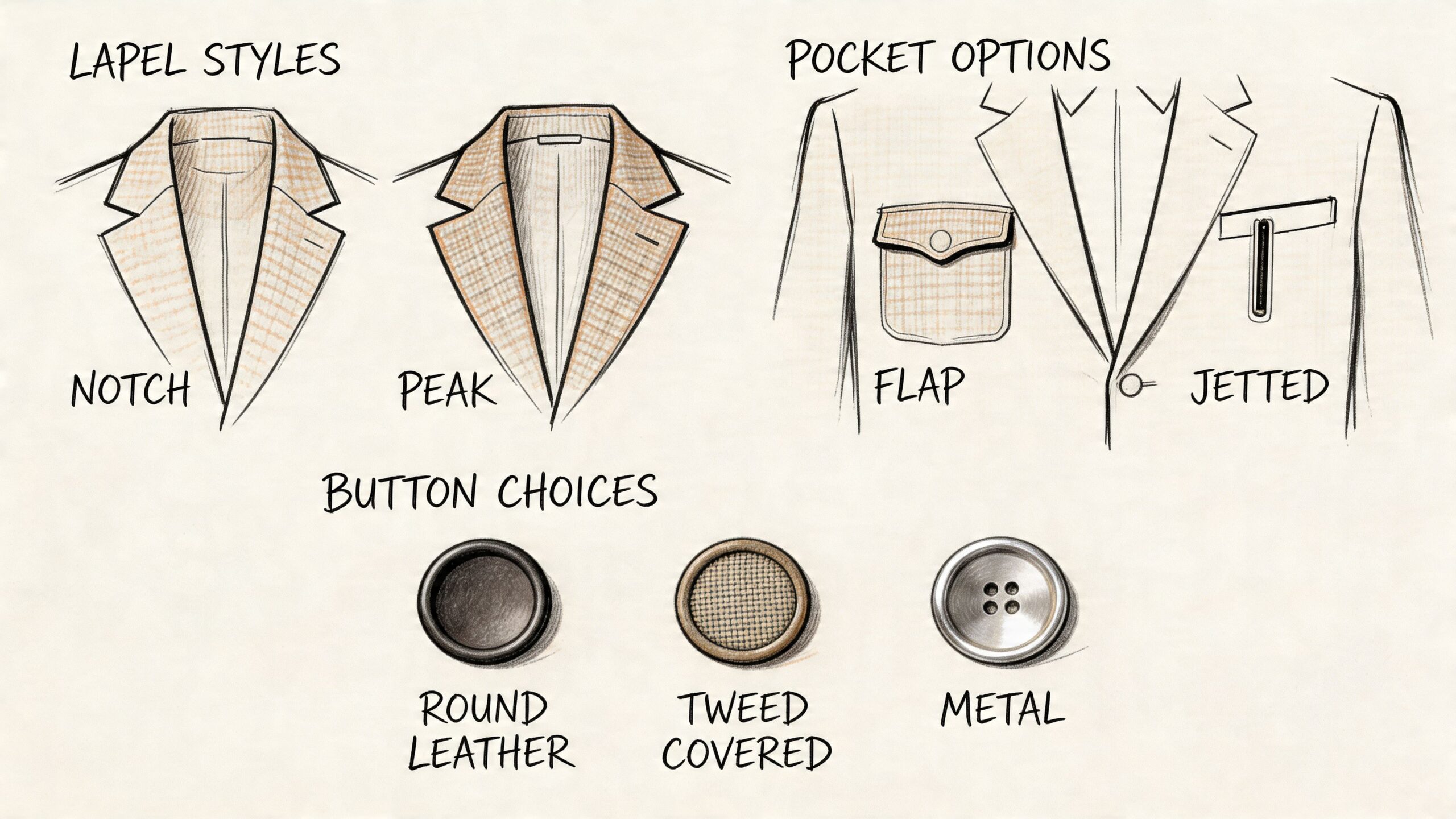 A fashion illustration showcasing custom clothing design options including lapel styles, pocket types, and button varieties.