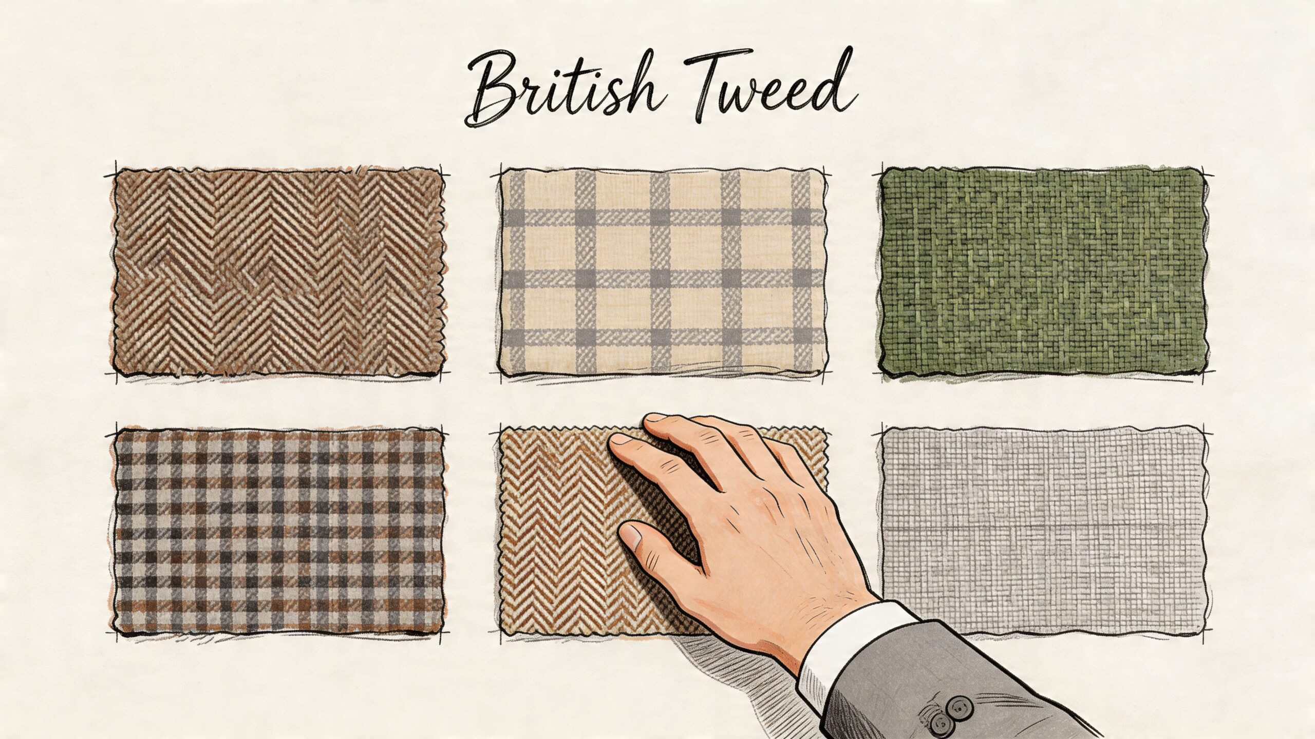 A hand touching a selection of British tweed fabric swatches displaying various patterns and textured colors.