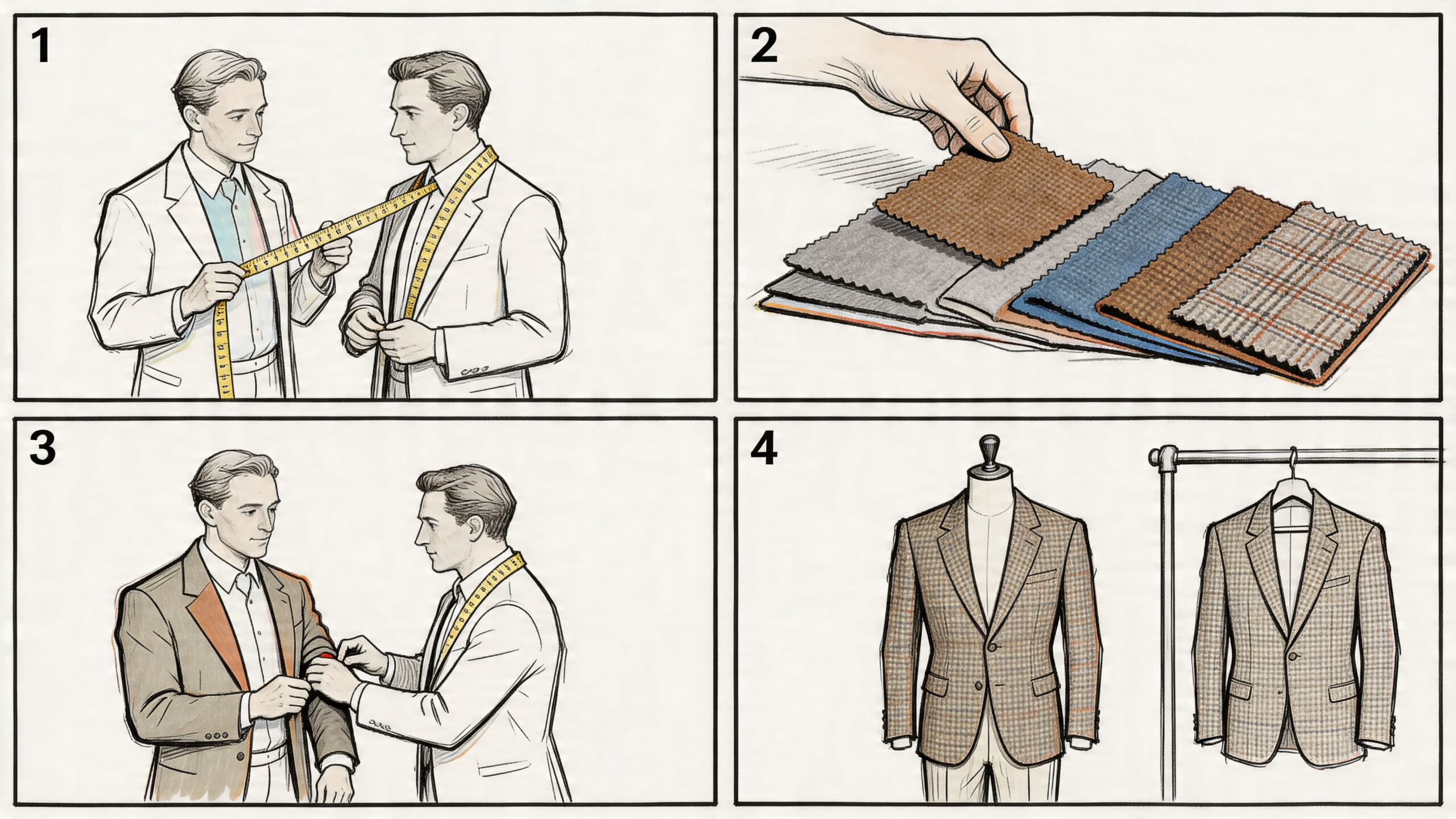 A four-part illustration showing the process of tailoring a made-to-measure tweed suit jacket