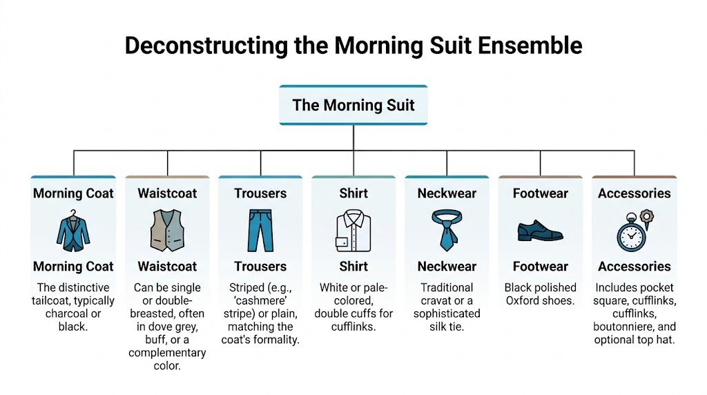 A diagram explaining the essential components of a classic formal men morning suit ensemble with detailed descriptions.