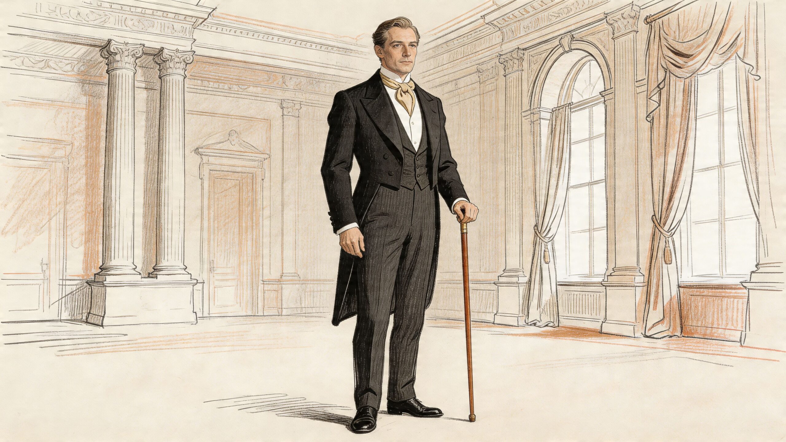 A classic illustration of a man standing in a grand hall wearing a traditional formal morning suit.