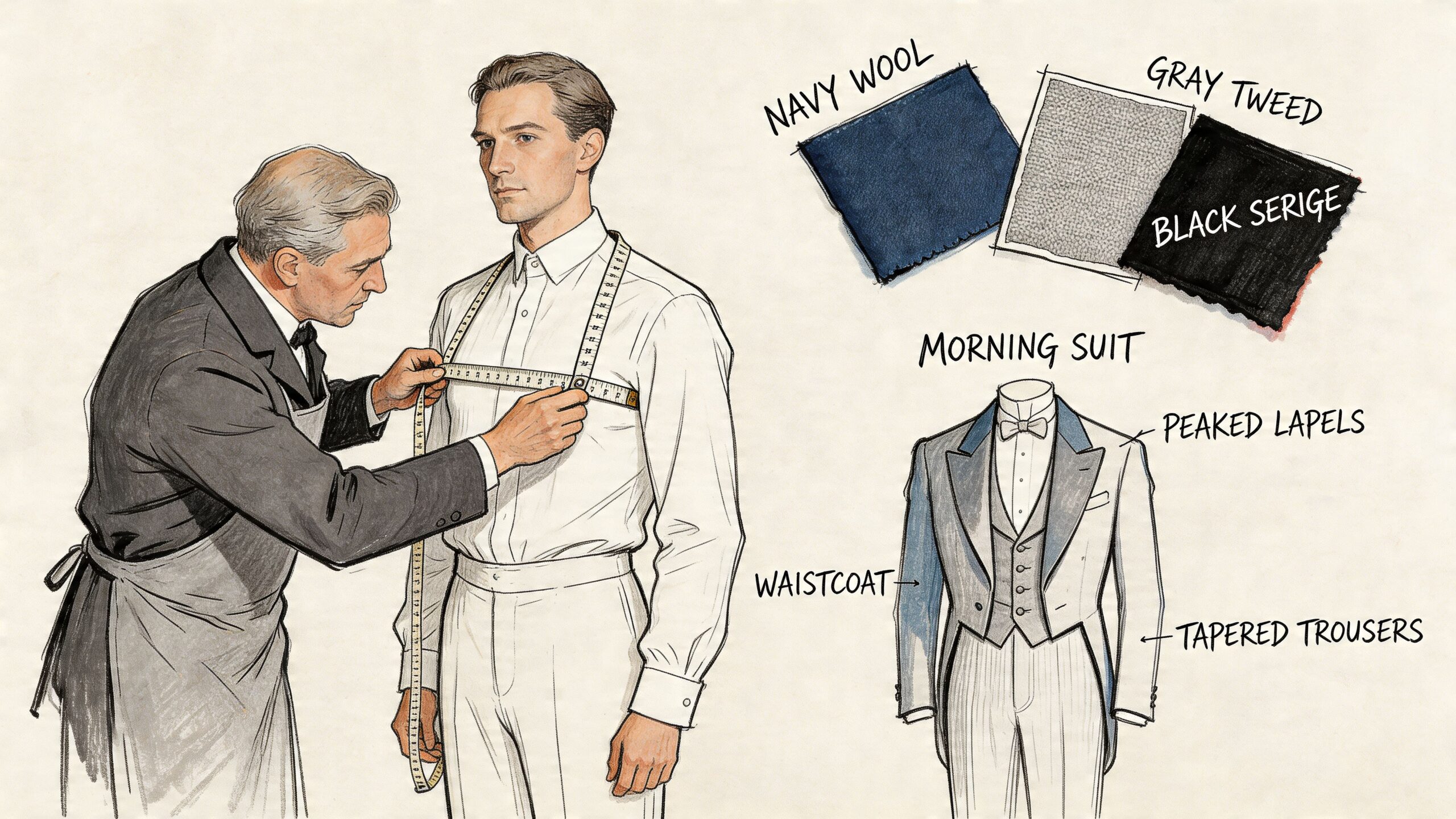 A tailor measuring a man's chest for a bespoke morning suit with fabric swatches shown nearby.