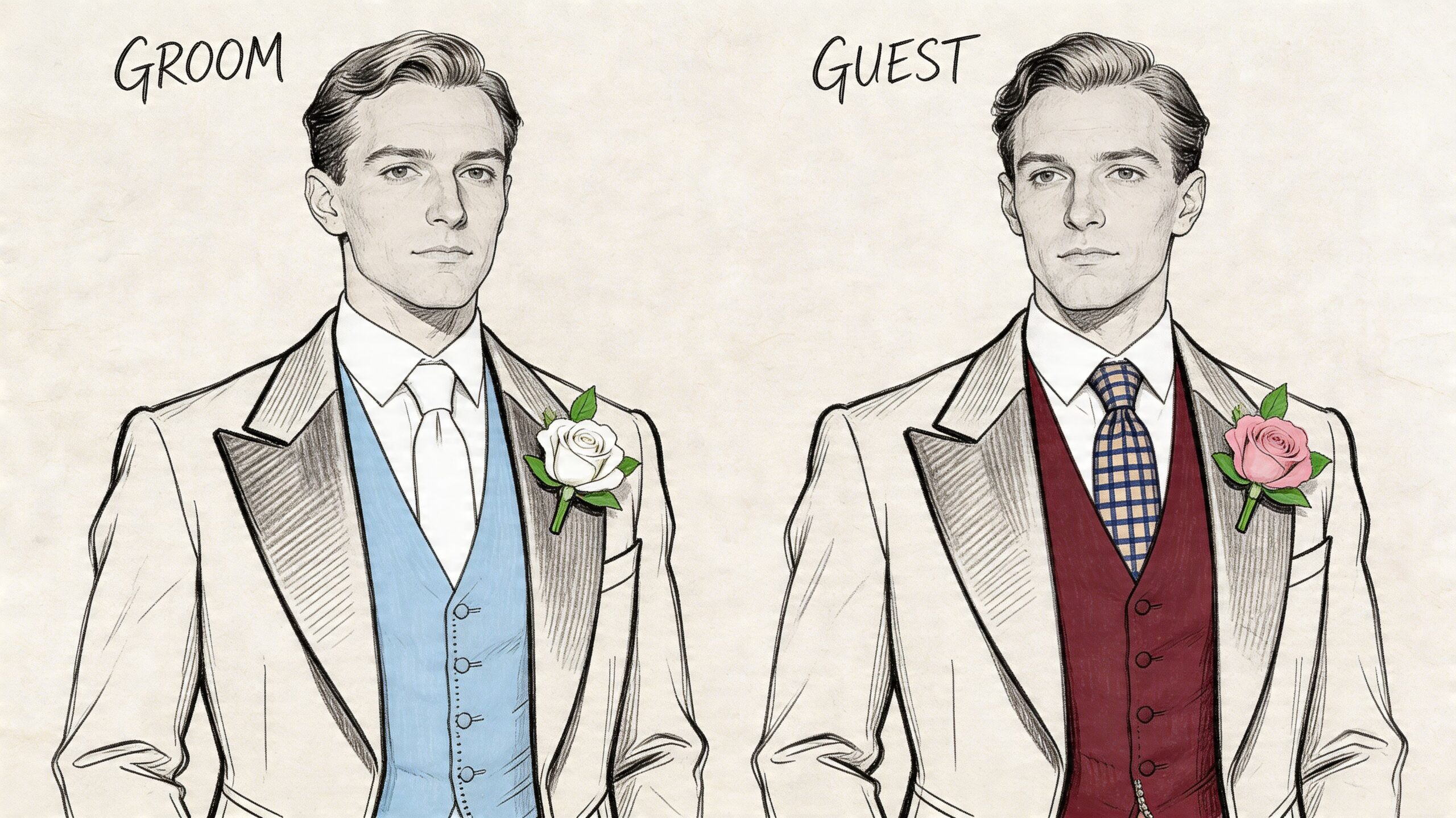 A fashion illustration comparing the attire of a groom and a wedding guest wearing morning suits.