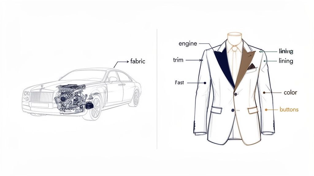 Diagram comparing components of a luxury car and a custom-made suit, highlighting their labeled parts.