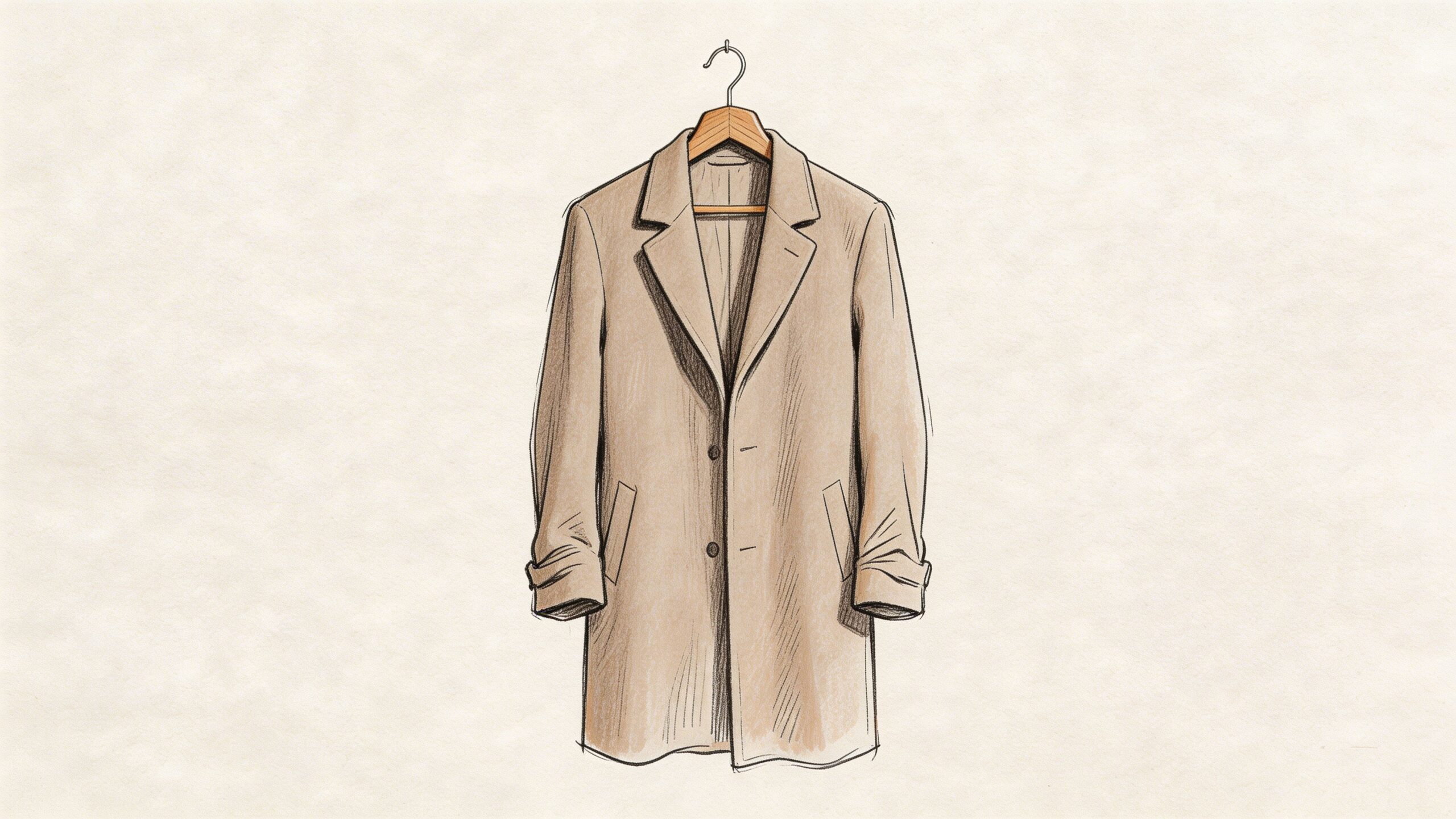 A hand-drawn sketch of a stylish beige cashmere overcoat hanging on a wooden clothes hanger.