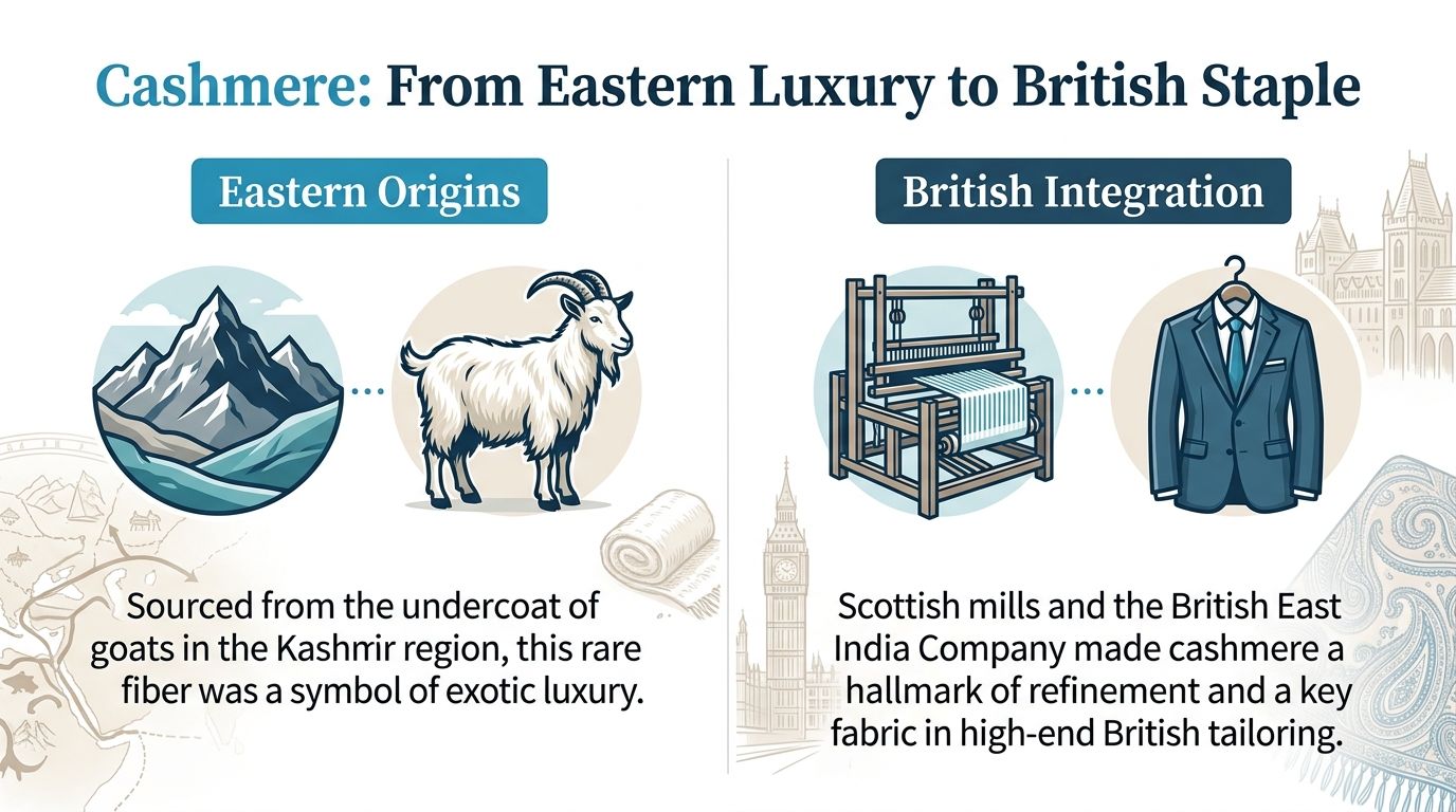 An infographic detailing the history of cashmere from its origins in the Kashmir region to British tailoring.