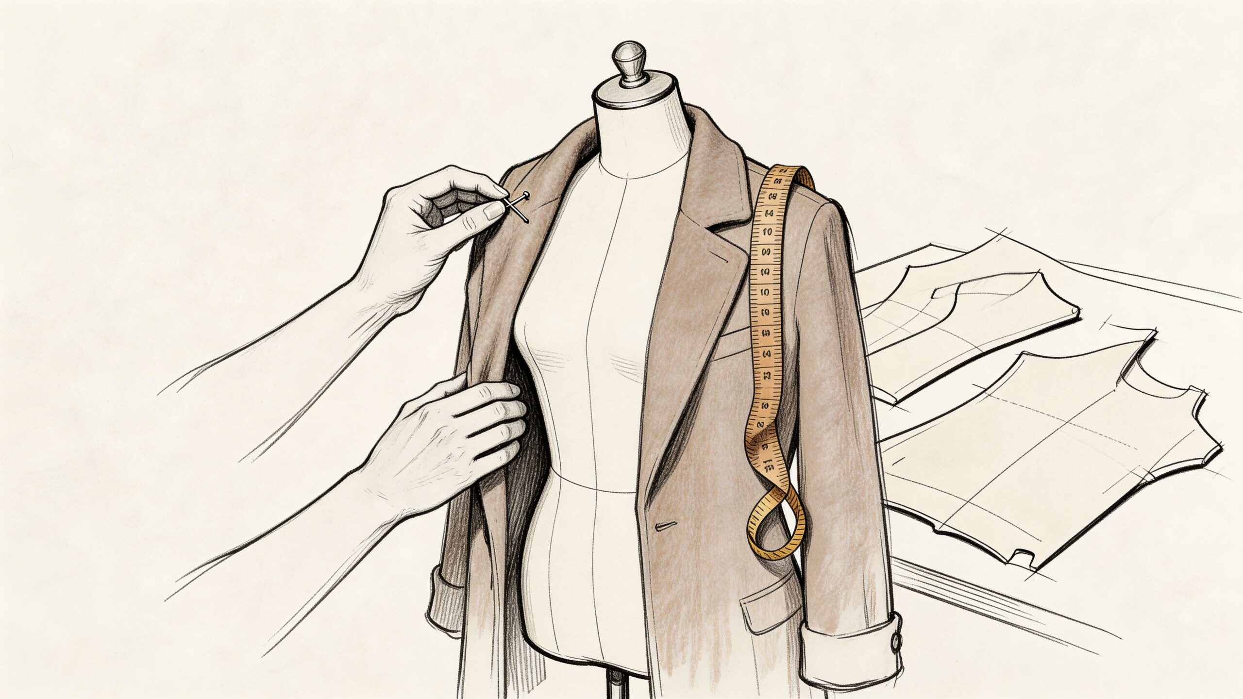 A close-up sketch of a tailor using pins to adjust a brown cashmere coat on a mannequin.