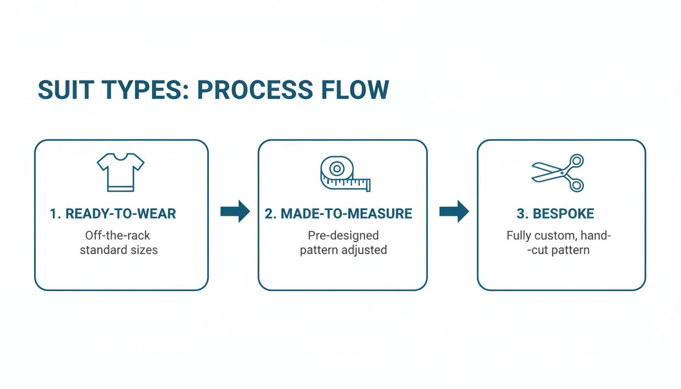 A process flow diagram illustrating three types of suit tailoring: Ready-to-wear, Made-to-measure, and Bespoke.
