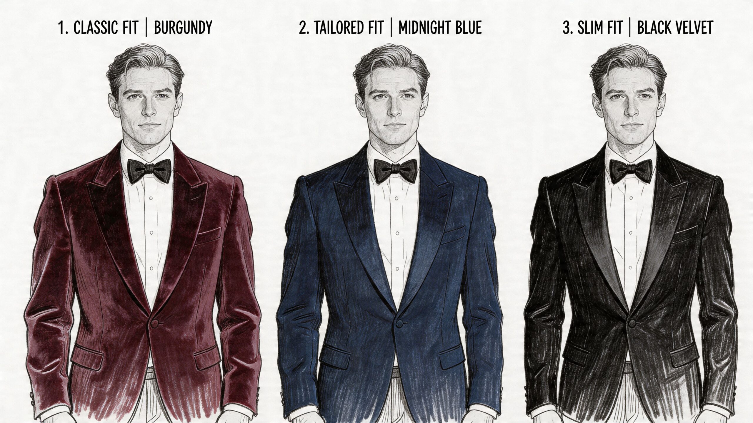 Three men wearing dinner jackets in classic burgundy, tailored midnight blue, and slim black velvet styles.
