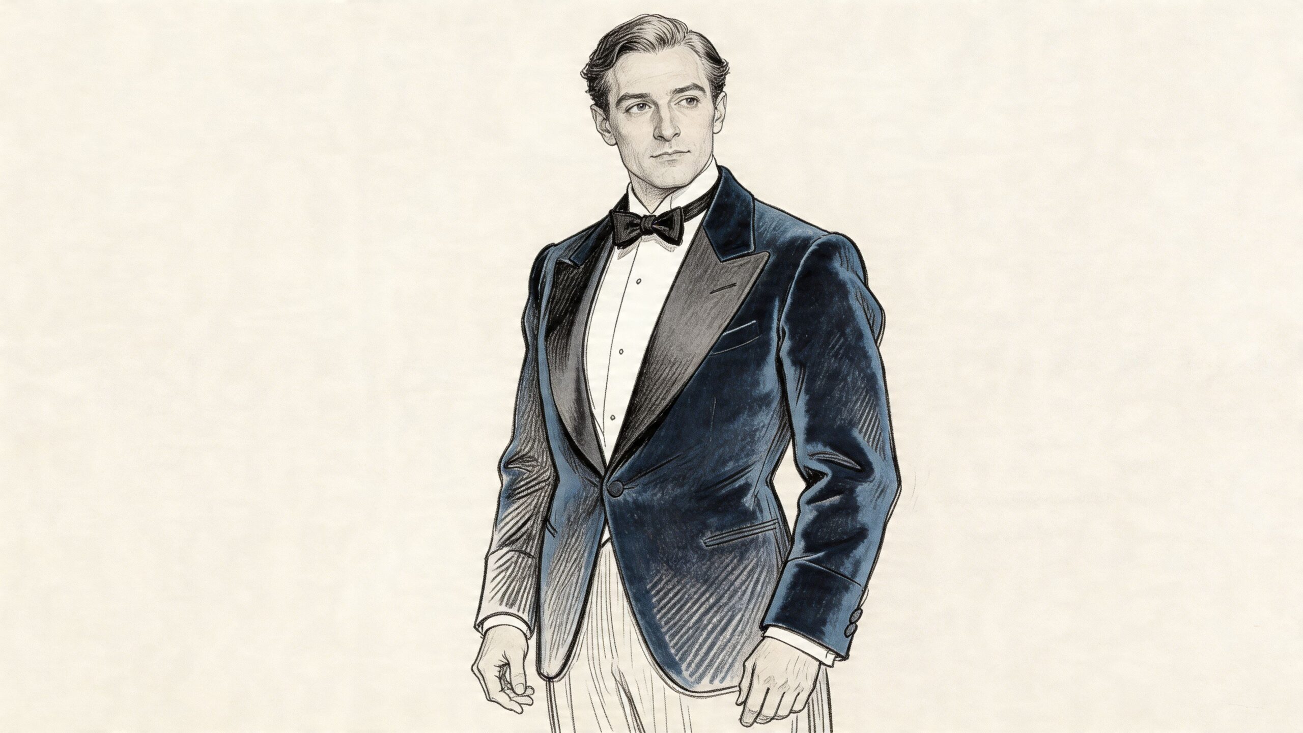 A classic fashion illustration of a man wearing a sophisticated navy blue velvet dinner jacket and bow tie.