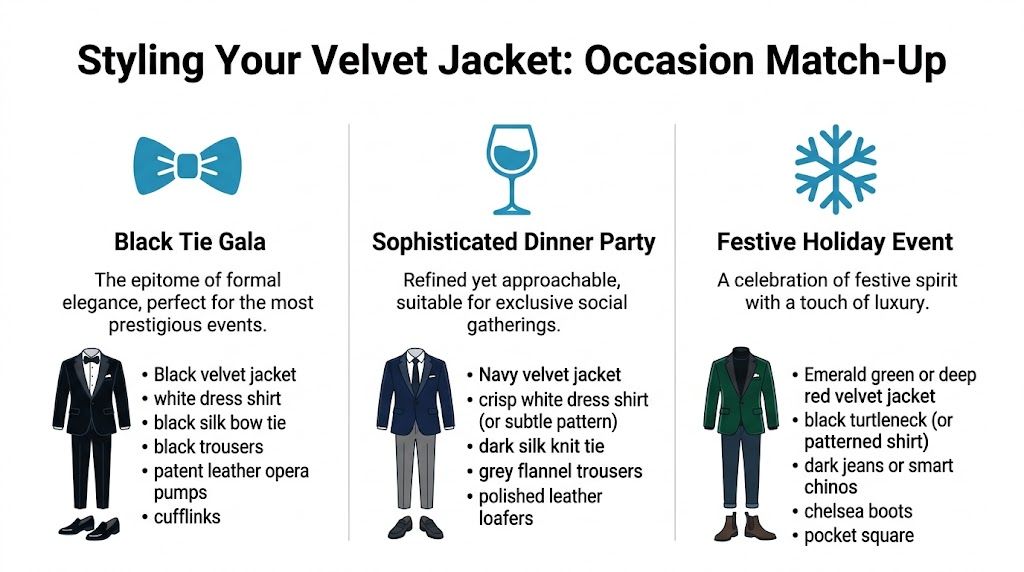 An infographic showing three different styling options for a men's velvet dinner jacket for various occasions.