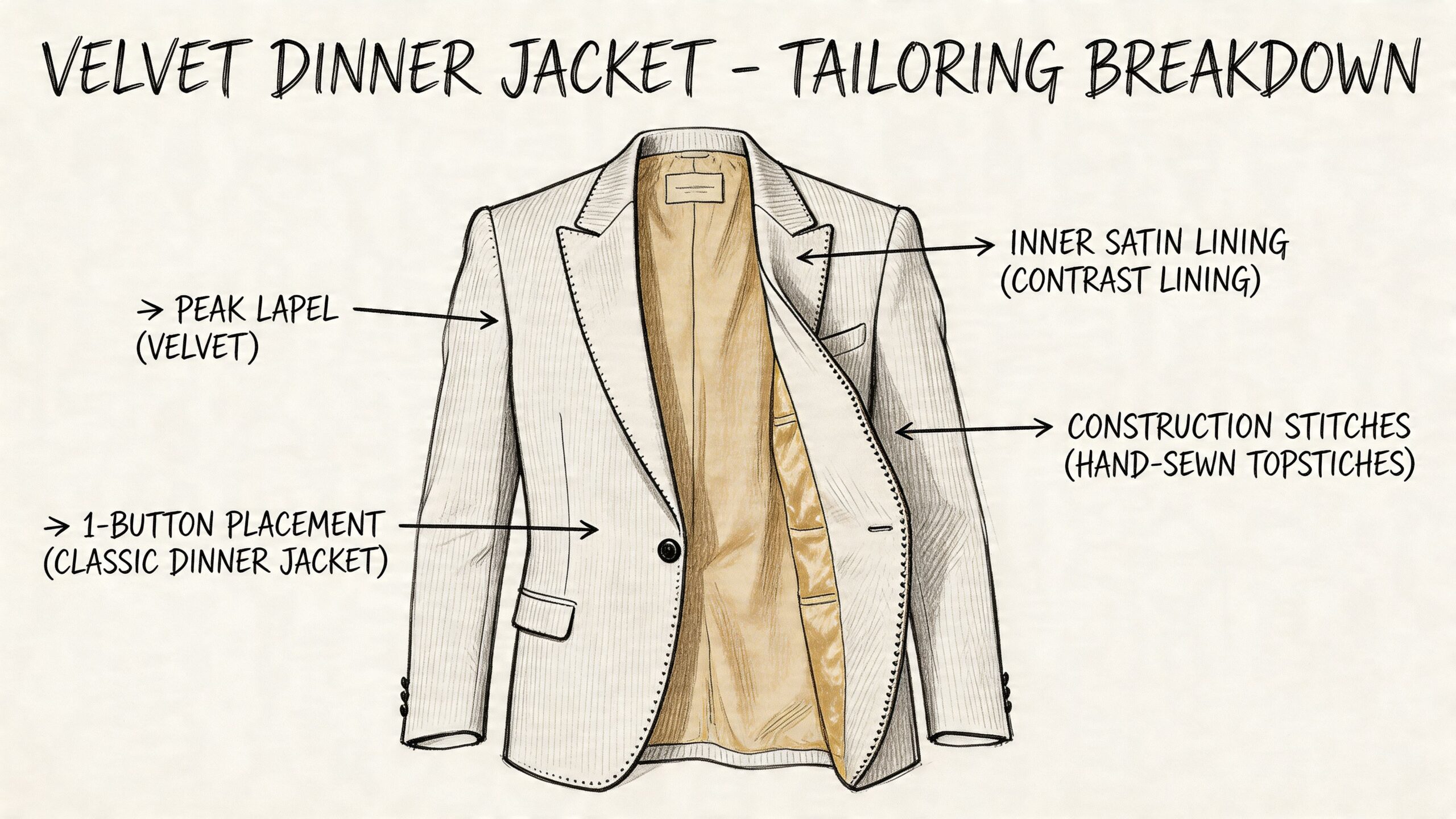 A detailed fashion illustration showing the tailoring features of a classic men's velvet dinner jacket design.