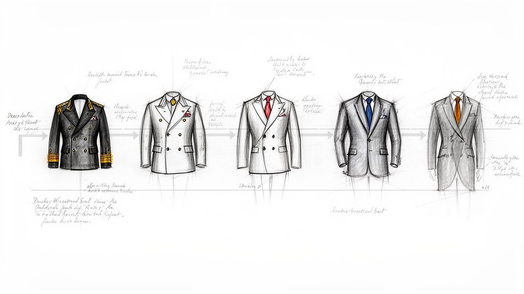 A fashion illustration showing the evolution of double-breasted suits from military uniform to formal business attire.