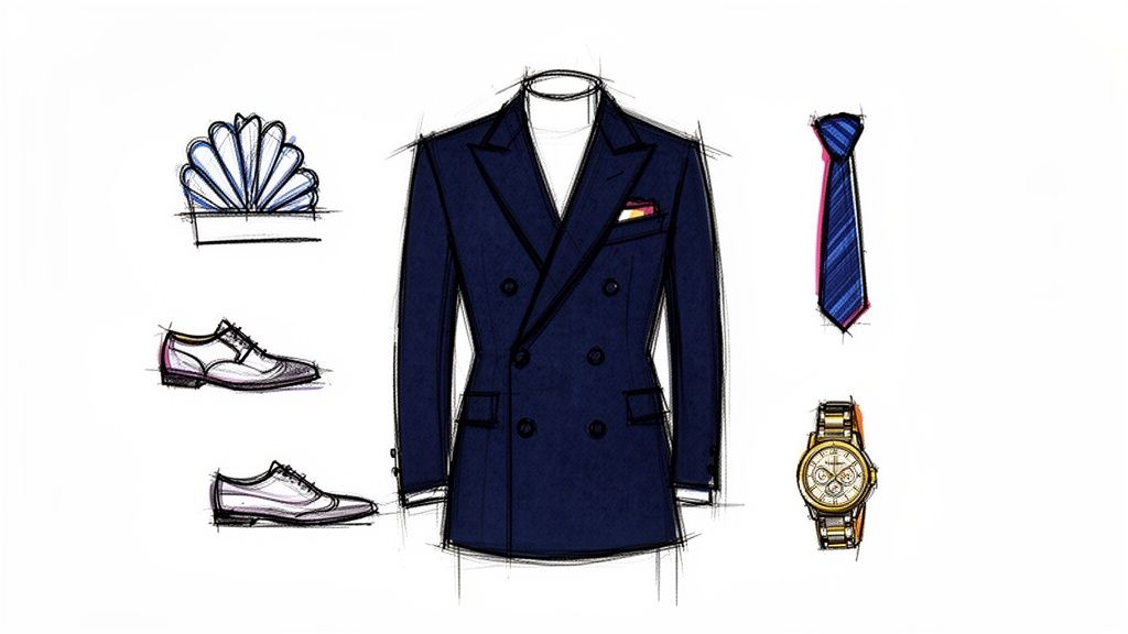 A fashion illustration of a navy double breasted suit, tie, pocket square, dress shoes, and a wristwatch.
