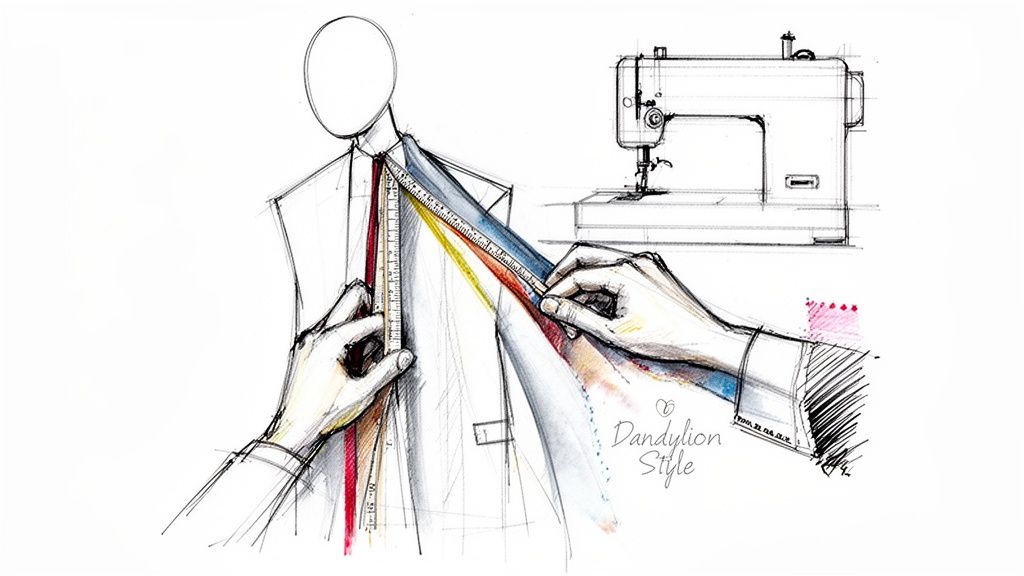 A detailed fashion illustration showing a tailor measuring a suit jacket near a sewing machine.