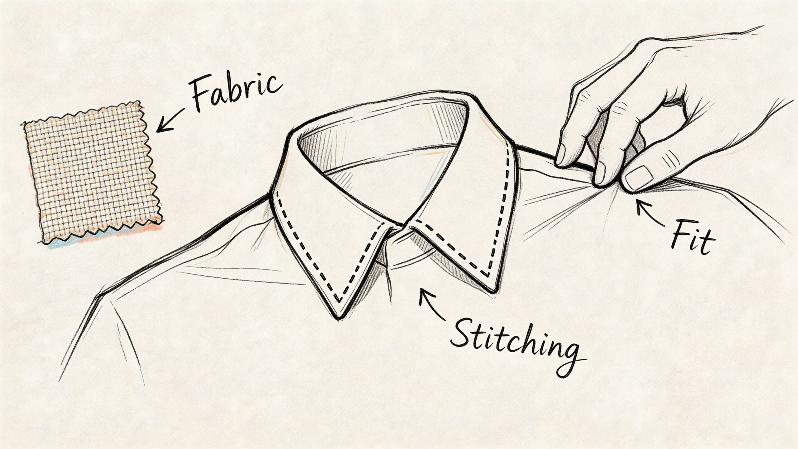 A hand adjusts the fit of a collar on a dress shirt next to a fabric swatch.
