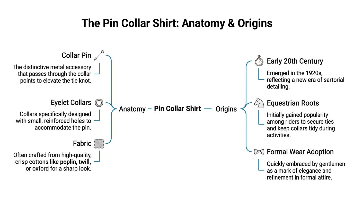 An infographic detailing the anatomy and historical origins of the classic men's pin collar dress shirt.