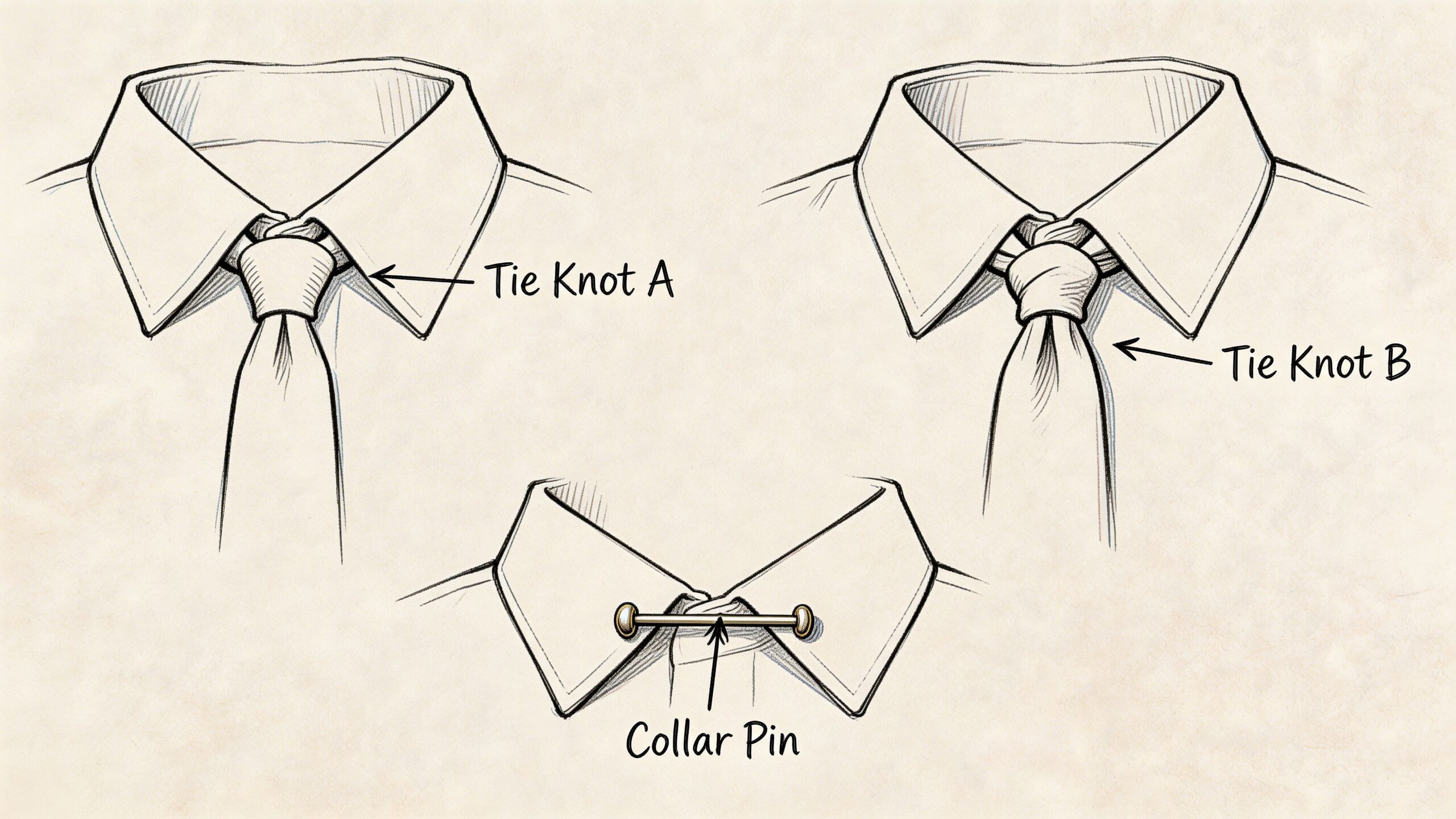 A diagram illustrating two different tie knot styles and a gold collar pin on a dress shirt.