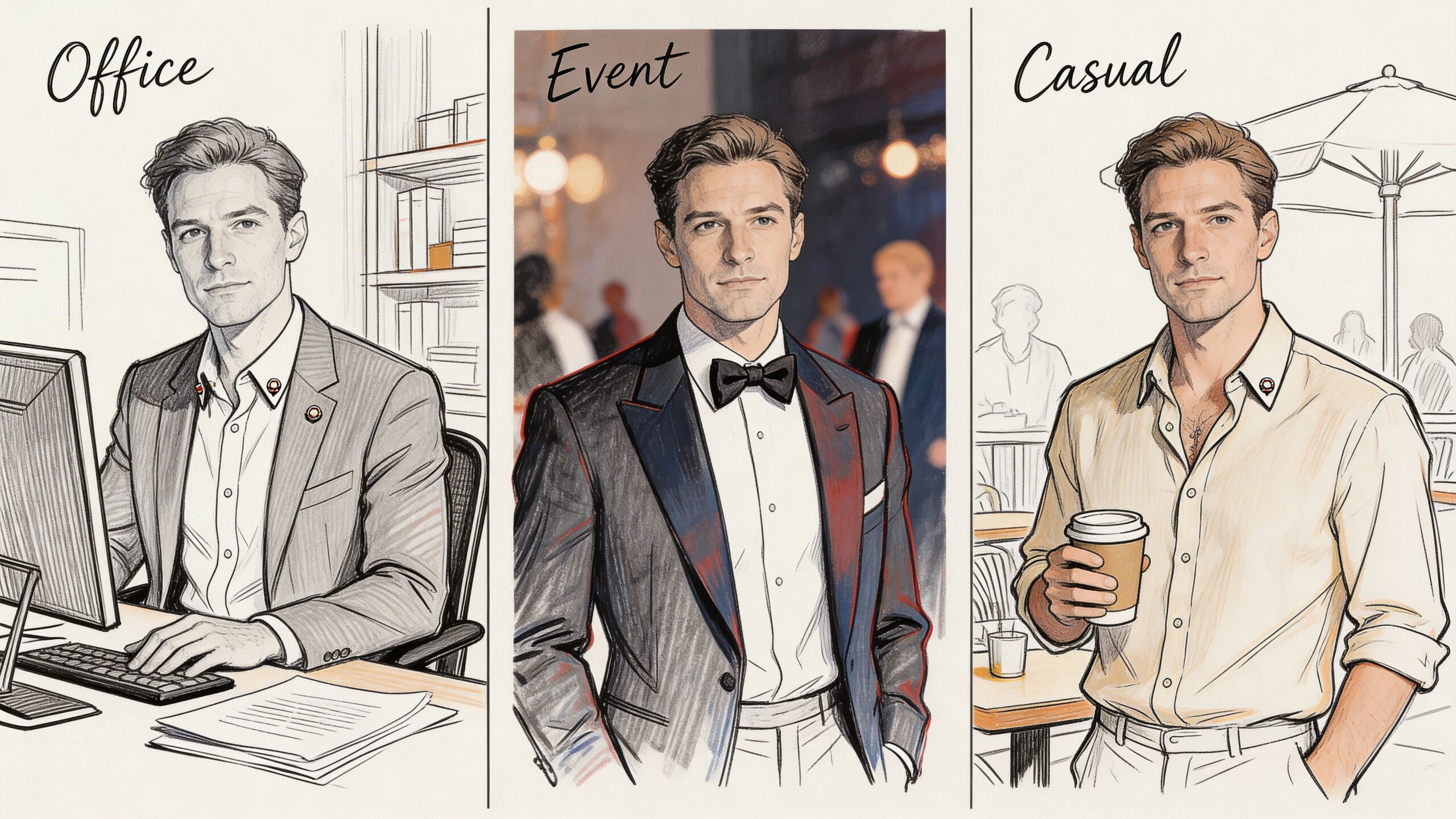 A triptych showing the same man in a pin collar shirt styled for office, formal event, and casual settings.