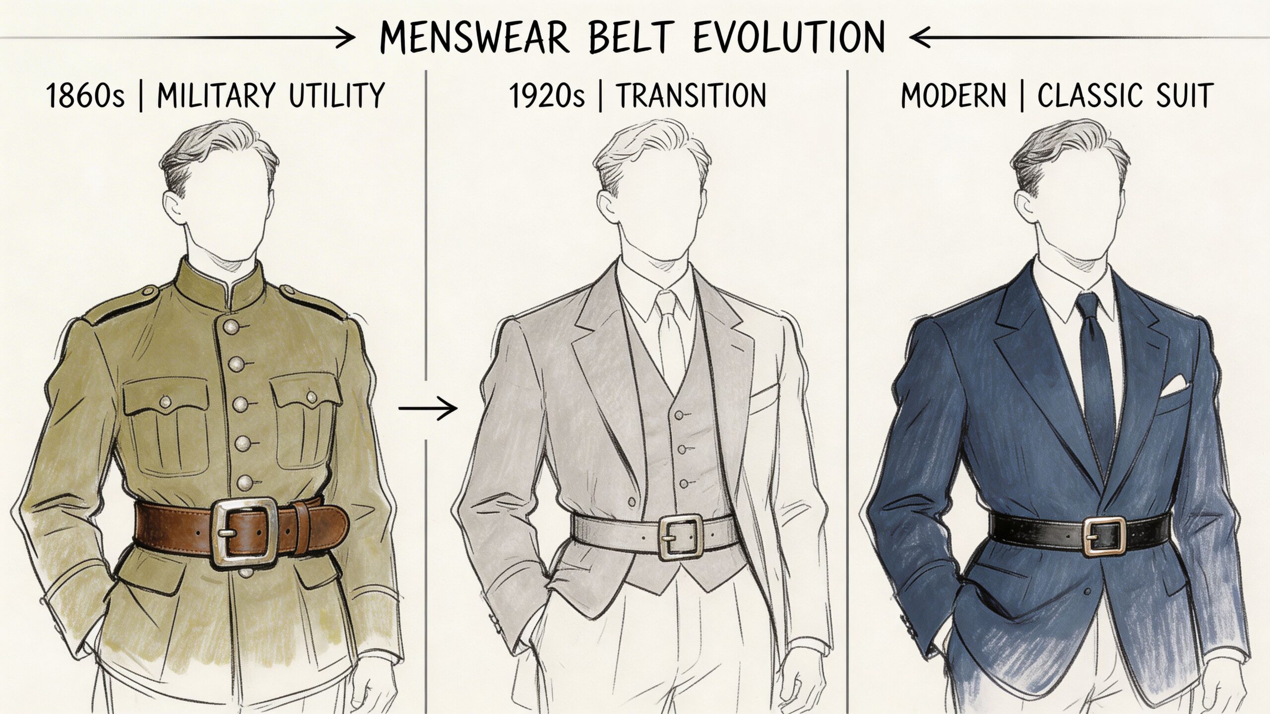 A historical illustration showing the evolution of menswear belts from 1860s military uniforms to modern suits.