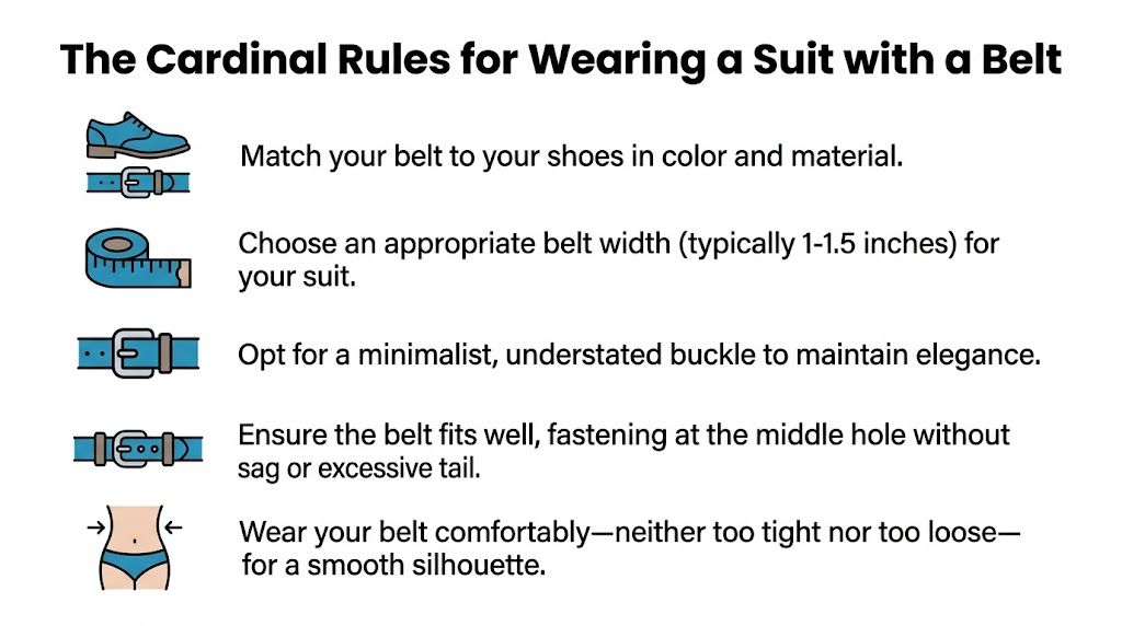 An infographic detailing the five cardinal rules for wearing a belt properly with a suit.
