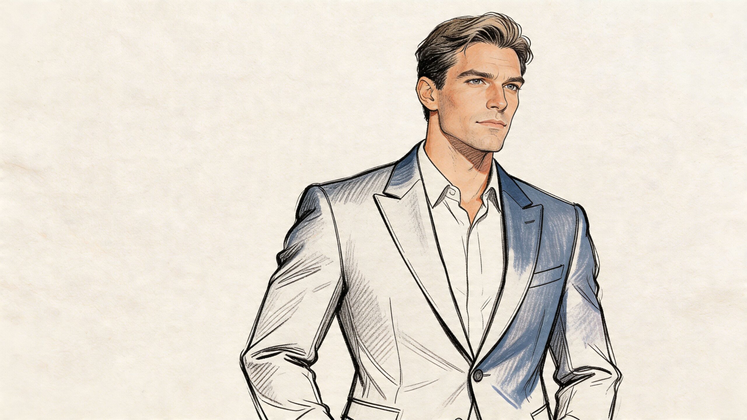 A digital illustration of a handsome man wearing a stylish, well-fitted light-colored suit over a white shirt.