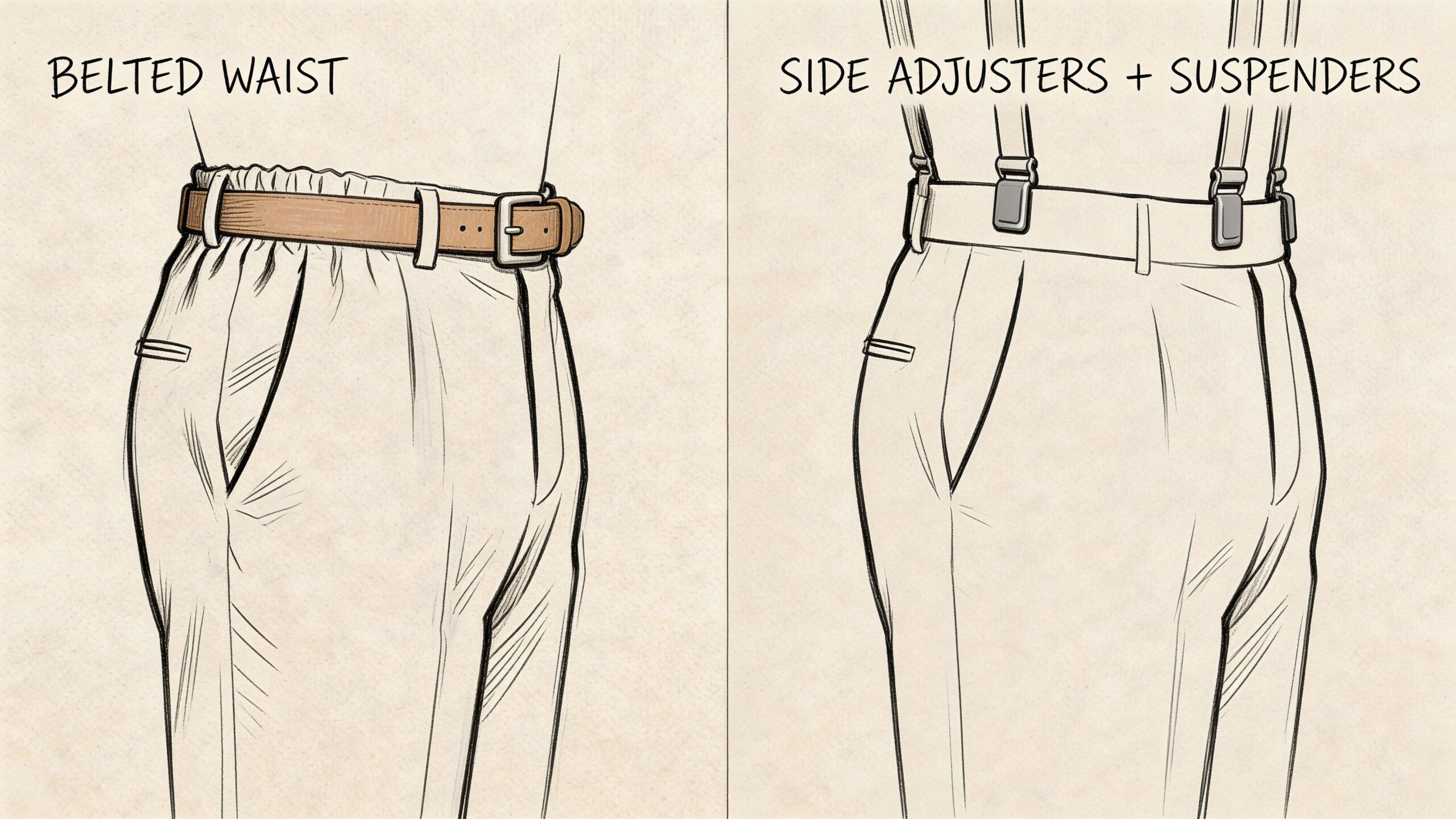 A split illustration comparing trousers with a belted waist and trousers with side adjusters and suspenders.