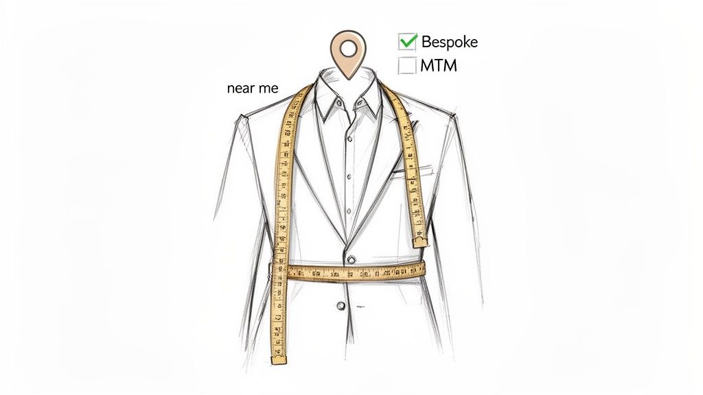 Illustration of a suit jacket being measured, with a location pin for 'near me' bespoke tailoring.