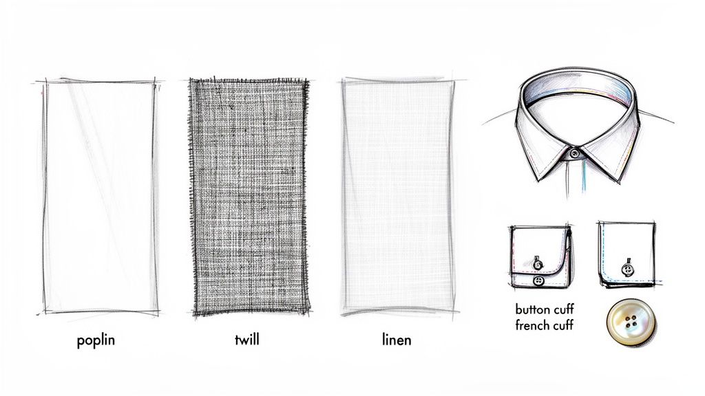 Detailed illustration showing poplin, twill, and linen fabrics, along with a shirt collar, button cuffs, and a french cuff.