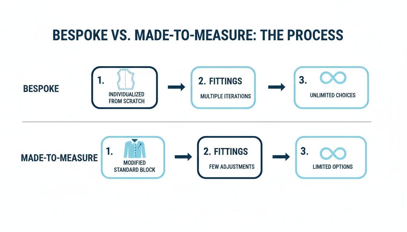 Flowchart comparing bespoke versus made-to-measure clothing processes, detailing customization, fittings, and options.