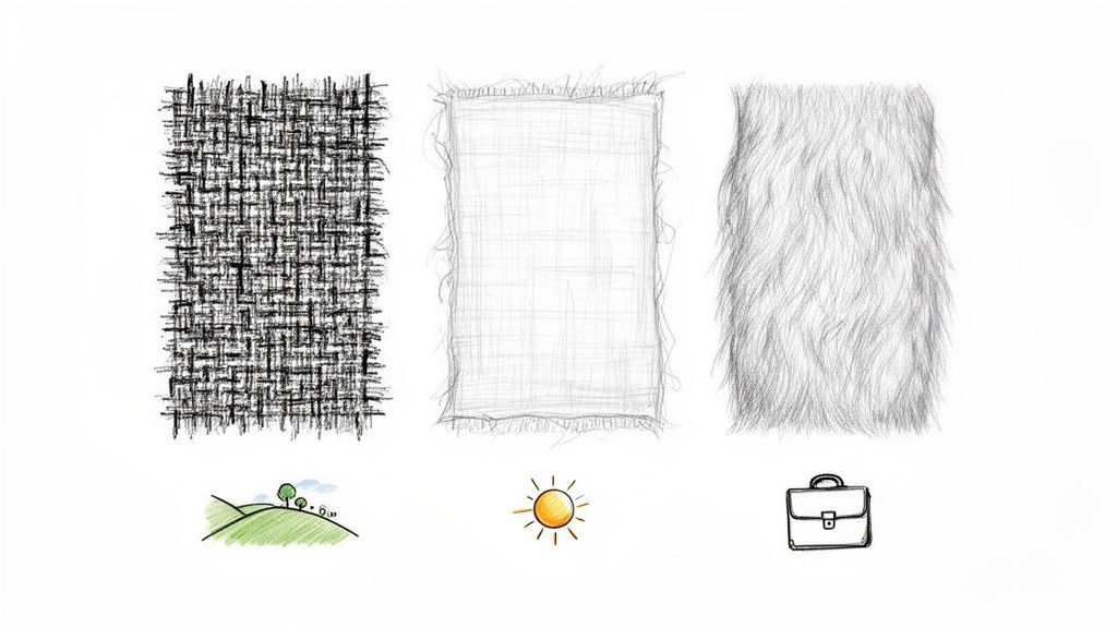 Sketches of various fabric textures: woven, plain with fringe, and fur. Also, drawings of hills, sun, and a briefcase.