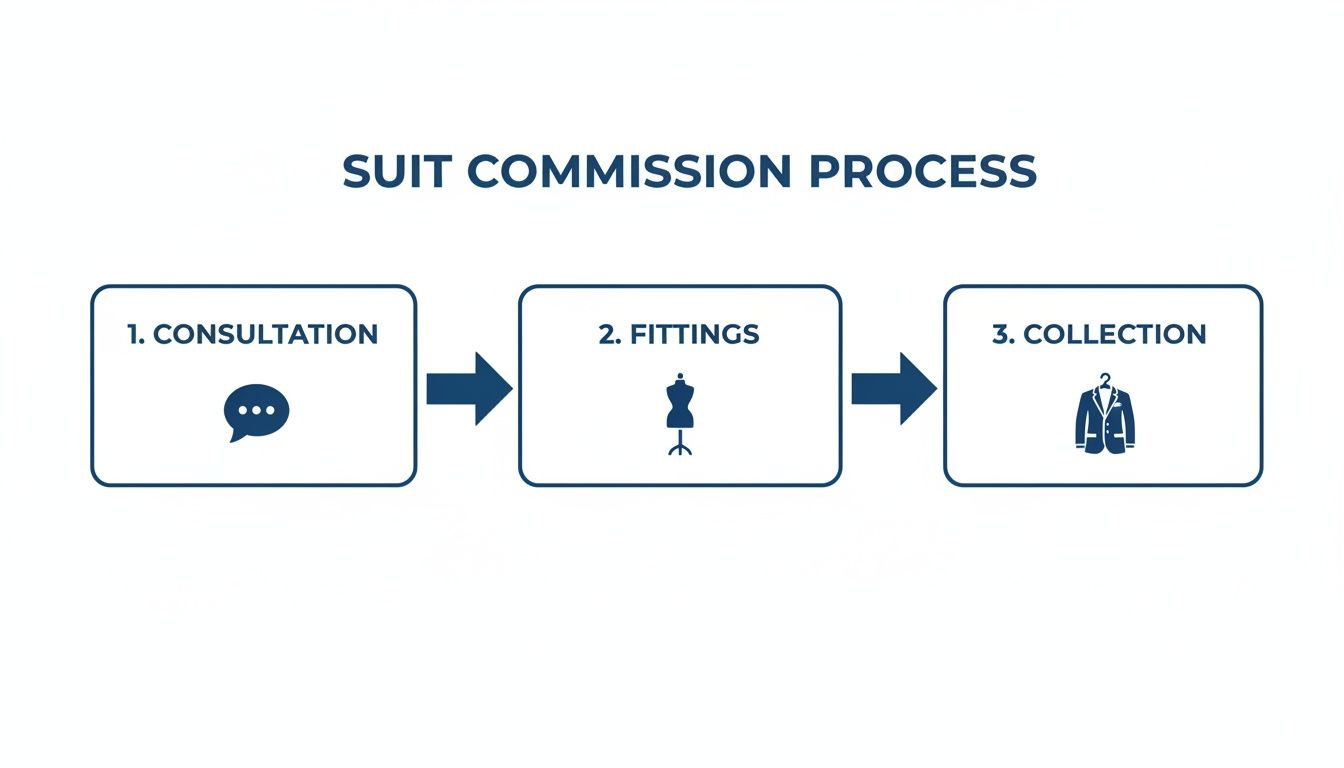 Flowchart illustrating the tailor-made suit commission process: consultation, fittings, and collection steps.