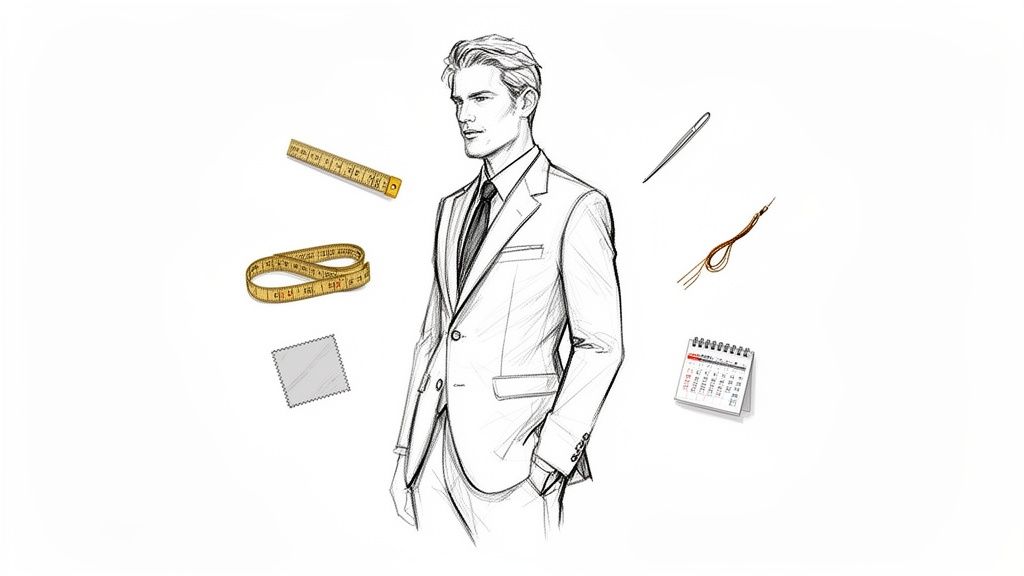 A sketch of a man in a tailor-made suit surrounded by measuring tapes, needle, thread, fabric, and calendar.