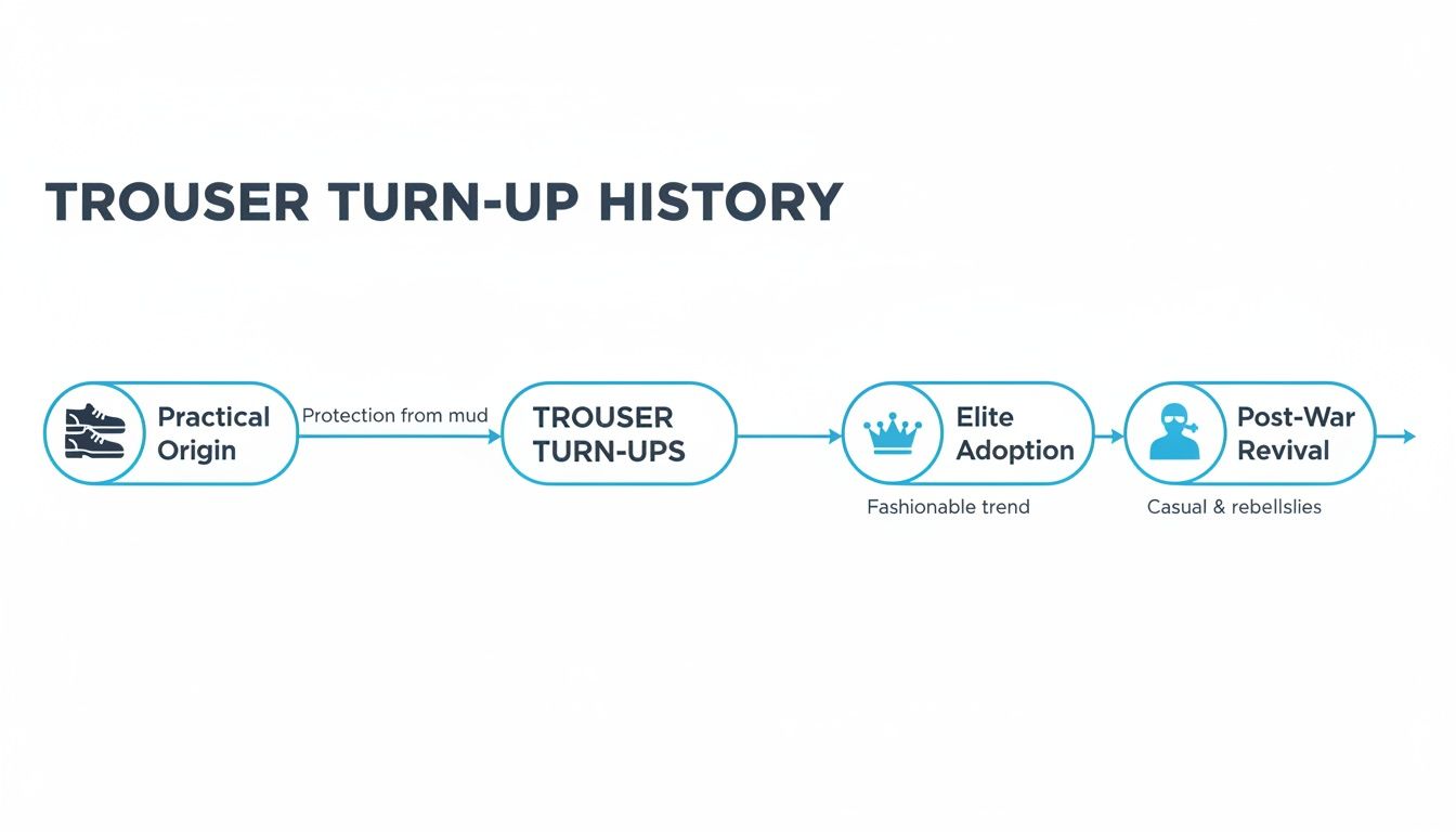 Flowchart detailing the history of trouser turn-ups, from a practical origin to post-war revival.