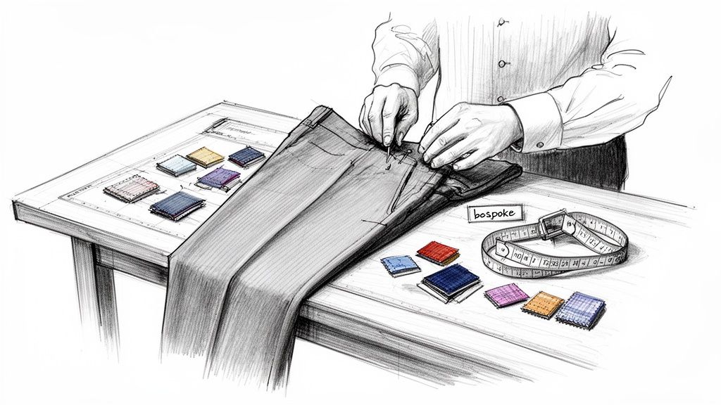 A tailor's hands working on bespoke trousers, surrounded by colorful fabric swatches and a tape measure.