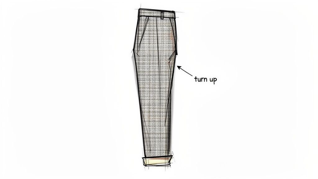 A detailed sketch of grey plaid trousers featuring a prominent turn-up cuff at the bottom.