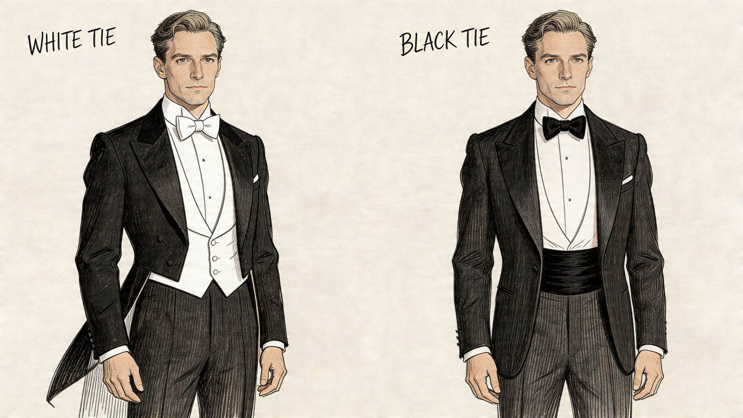A fashion illustration comparing the formal attire differences between White Tie and Black Tie dress codes.