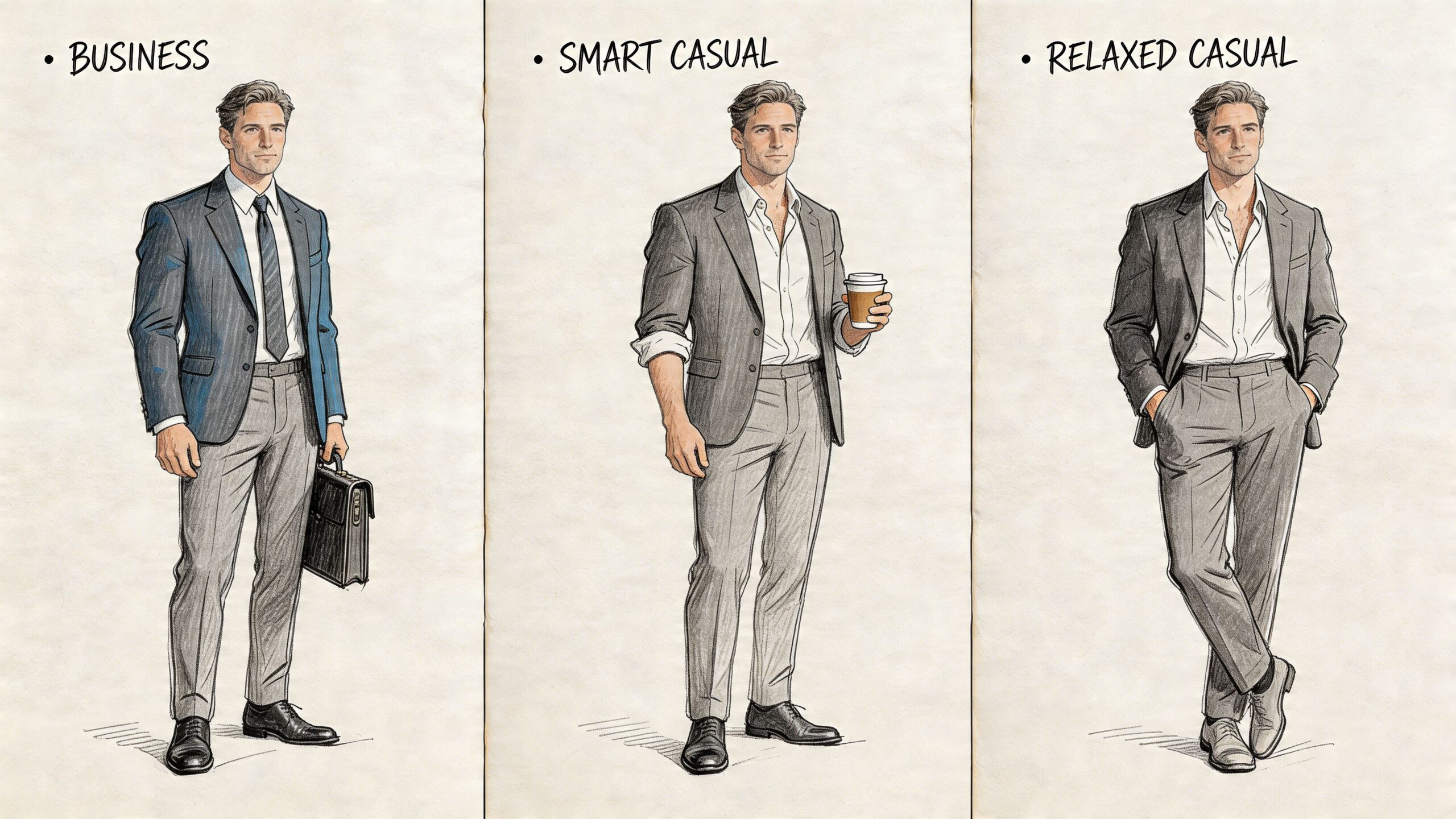 A digital illustration showing a man wearing three different suit styles categorized as Business, Smart Casual, and Relaxed.